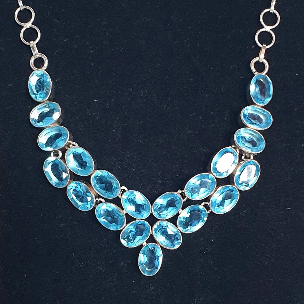 Gorgeous 925 Sterling Silver Topaz-Colored Crystal Bridal Statement Necklace